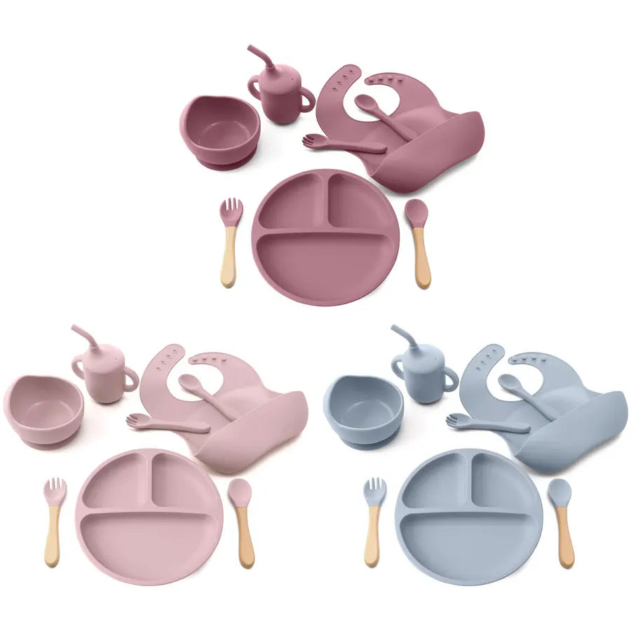 8-Piece Silicone Baby Feeding Set – Plate, Bowl, Sippy Cup, Bib, Spoon & Fork