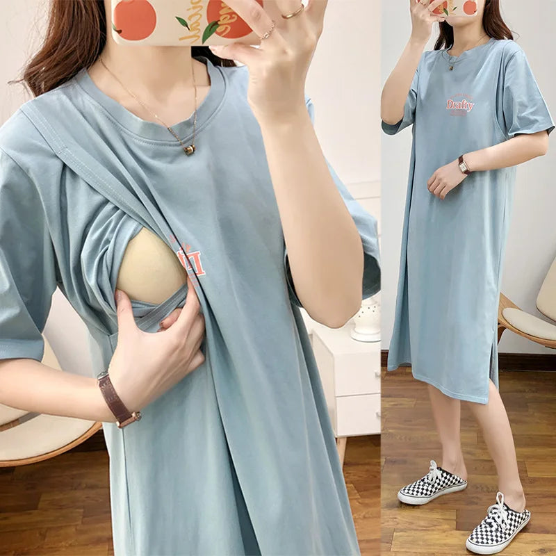 Breastfeeding Home Dress | Summer Maternity Nursing Loose-Fit Casual Feeding Gown