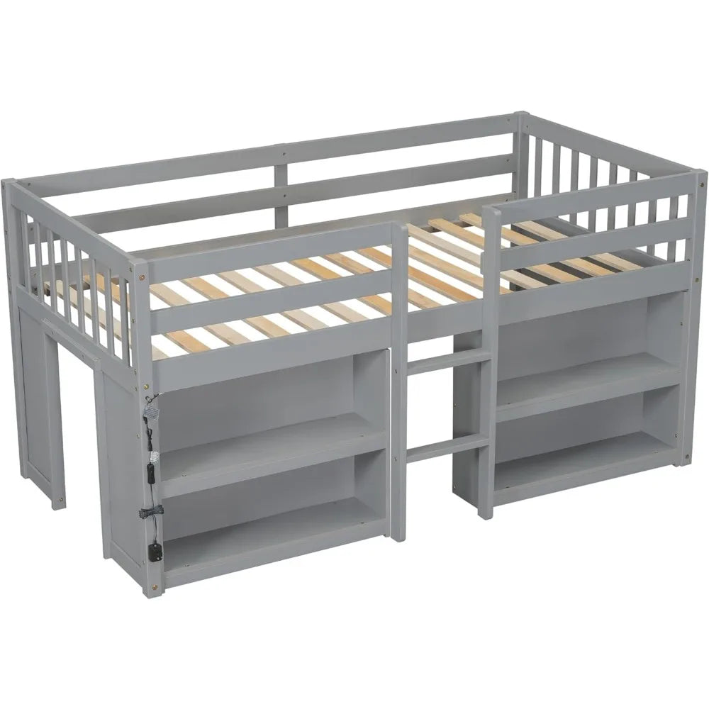 Twin Size Loft Bed with Storage, LED Light & Shelves