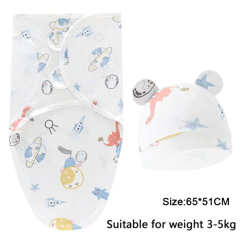 Adjustable Cotton Baby Swaddle Blanket with Cartoon Prints