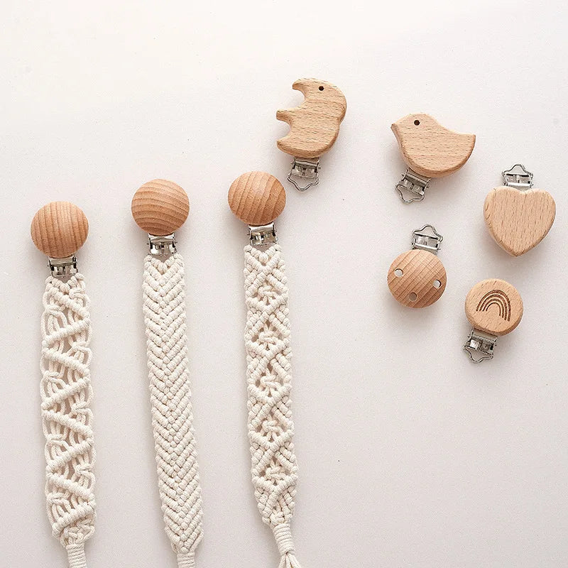 Pacifier Clip Chain Holder - Wooden Beech Clips for Baby Teether Toys & Rattles