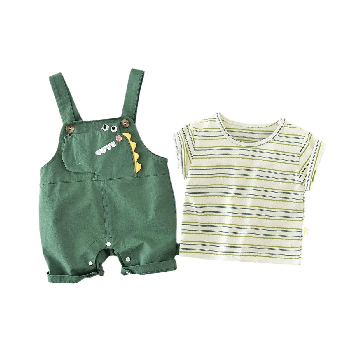 2-Piece Baby Outfit – Striped Tee & Dinosaur Overall Set