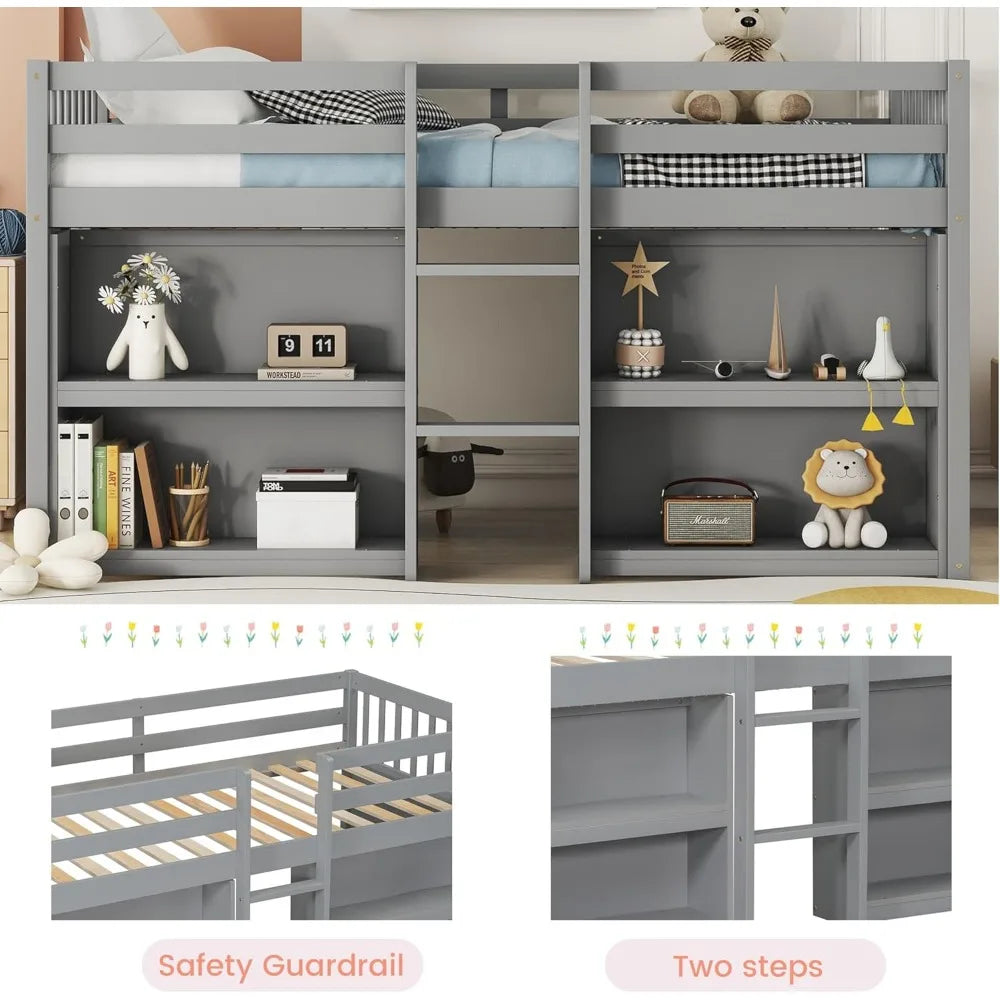 Twin Size Loft Bed with Storage, LED Light & Shelves