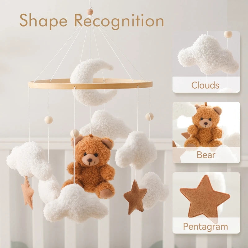 Wooden Crib Mobile with Soft Bear & Cloud Design