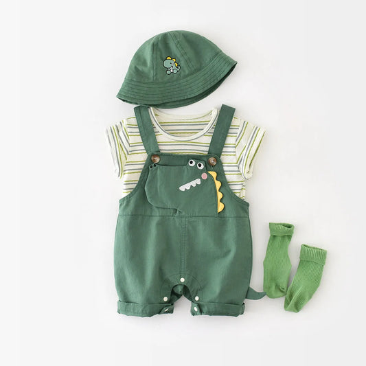 2-Piece Baby Outfit – Striped Tee & Dinosaur Overall Set