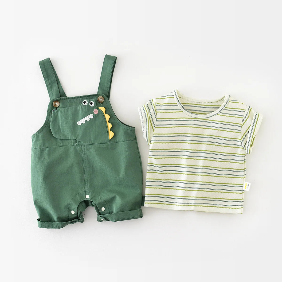 2-Piece Baby Outfit – Striped Tee & Dinosaur Overall Set