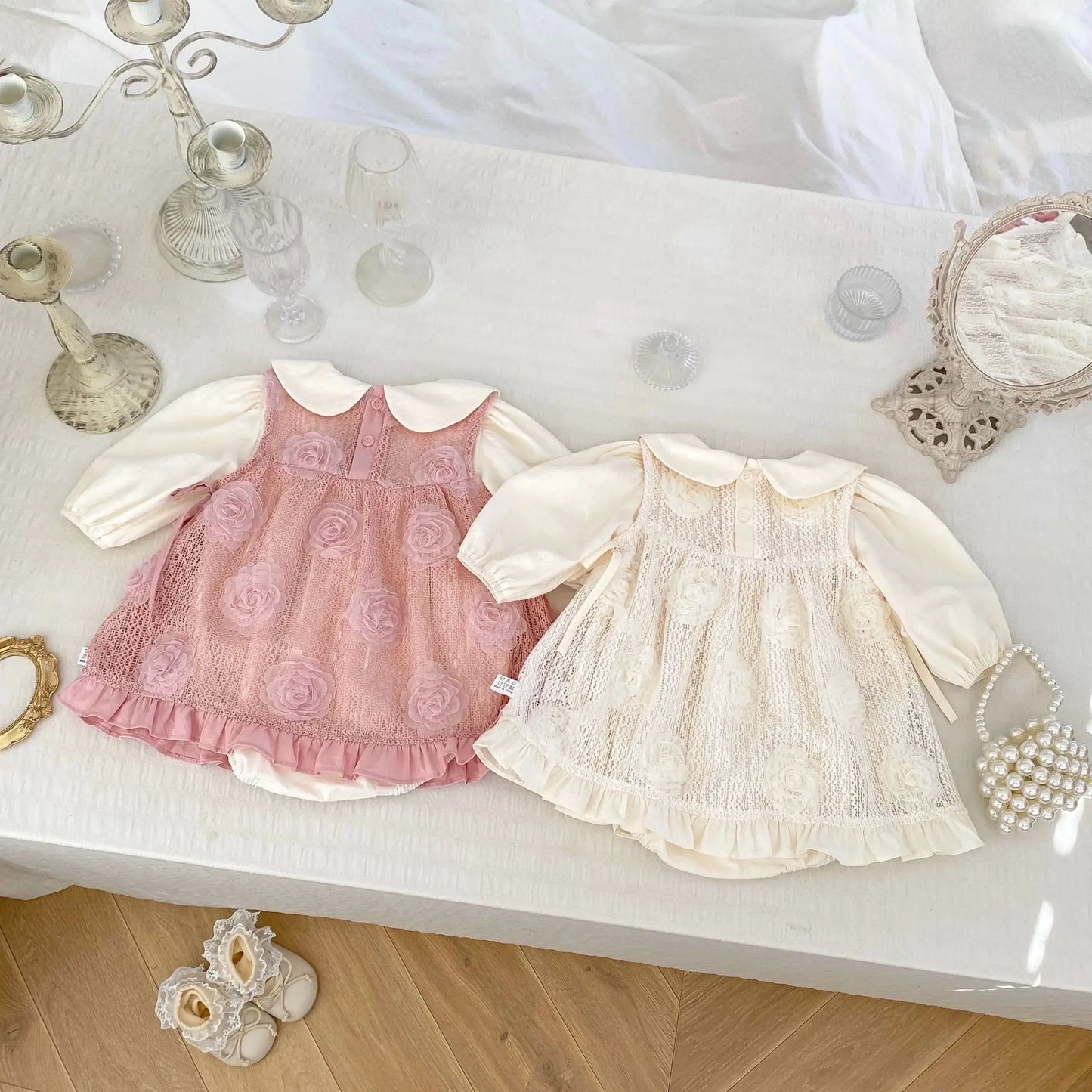 2-Piece Baby Girl Dress Set – Peter Pan Collar Bodysuit & 3D Flower Sleeveless Dress