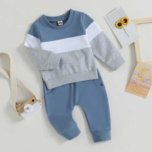 2-Piece Baby Boy Outfit – Contrast Color Sweatshirt & Elastic Pants