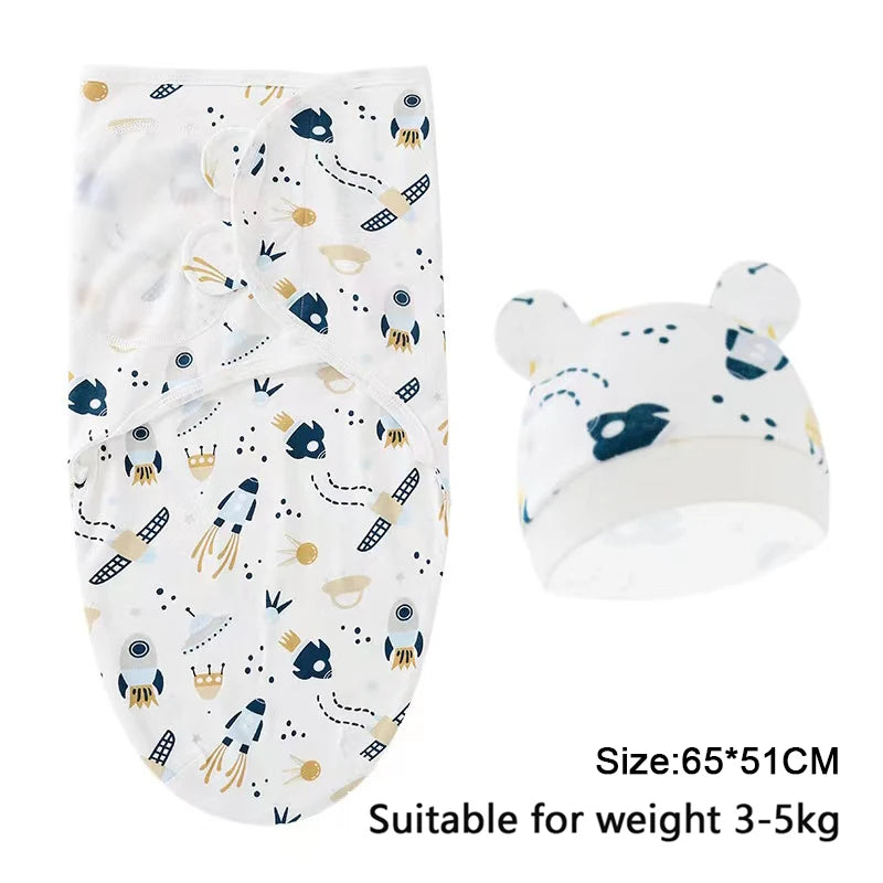 Adjustable Cotton Baby Swaddle Blanket with Cartoon Prints