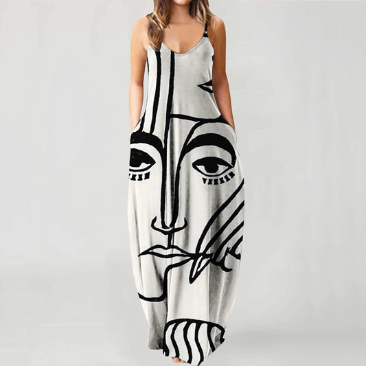 Pregnant Women's Summer Strapless Long Dress With Abstract Face Digital Print  Stylish  Comfortable For Streetwear Breathable