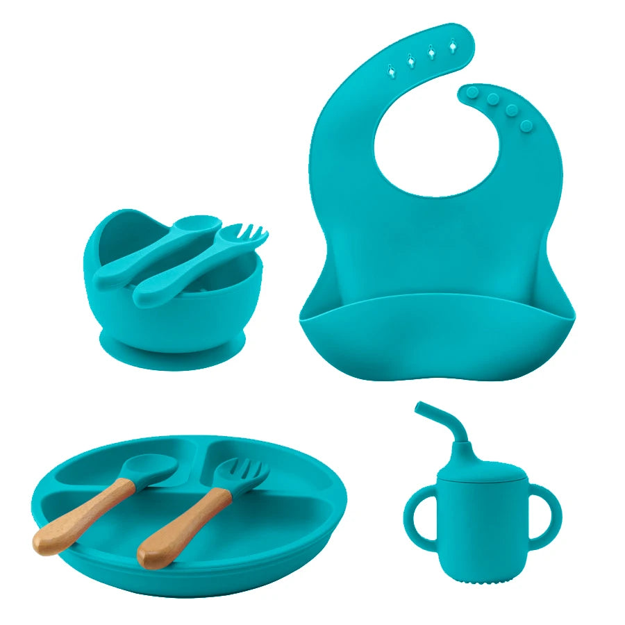 8-Piece Silicone Baby Feeding Set – Plate, Bowl, Sippy Cup, Bib, Spoon & Fork