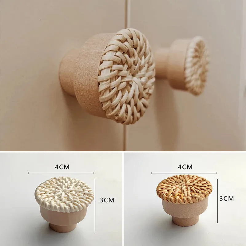 Handcrafted Wooden Rattan Drawer Knobs – Stylish Round Beech Handles for Cabinets, Wardrobes, and Dressers