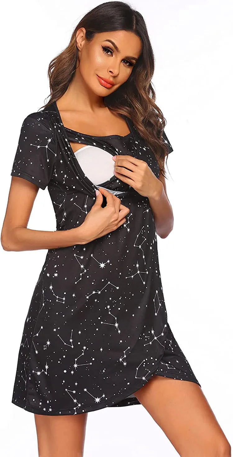 Maternity Short Sleeve Breastfeeding Dress - Comfortable Nursing Pajama for Expecting Moms