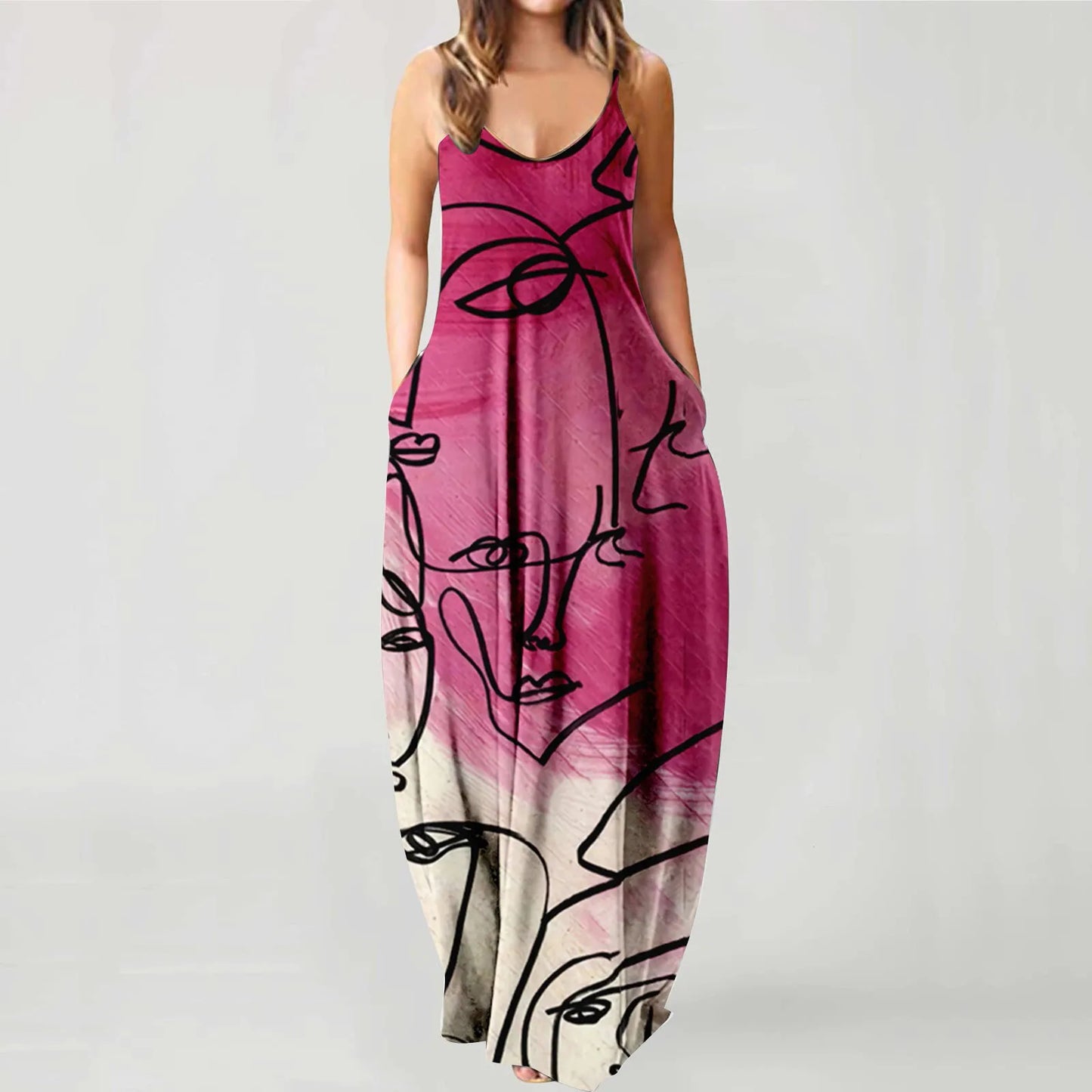 Pregnant Women's Summer Strapless Long Dress With Abstract Face Digital Print  Stylish  Comfortable For Streetwear Breathable