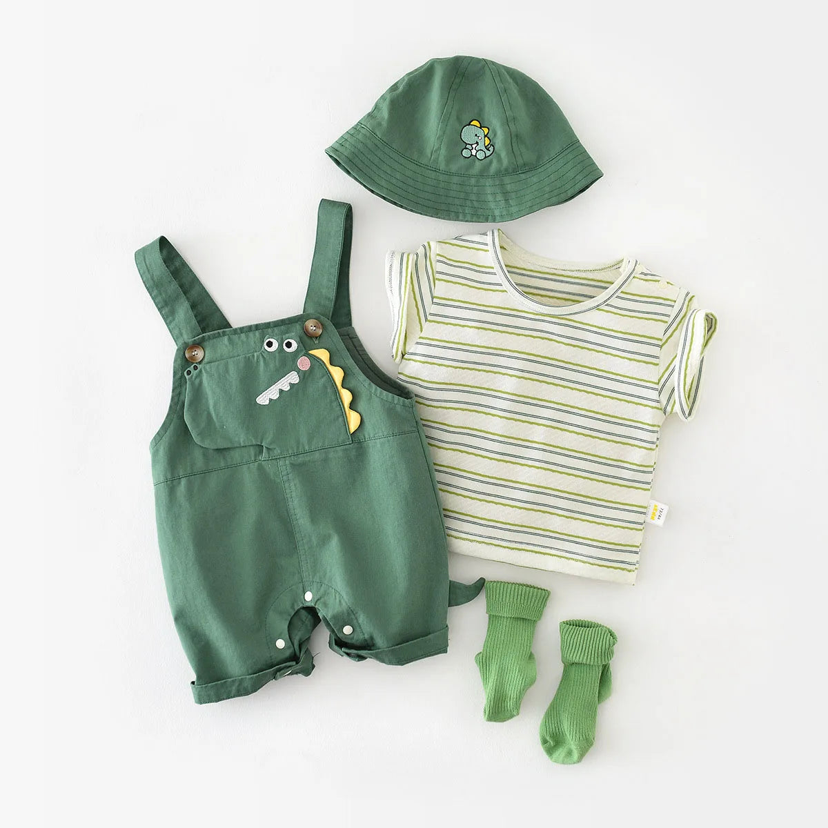 2-Piece Baby Outfit – Striped Tee & Dinosaur Overall Set