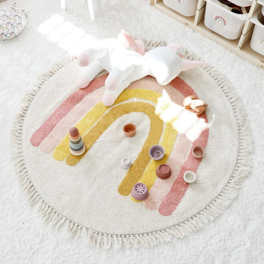 Round Rainbow Kids Rug with Tassels