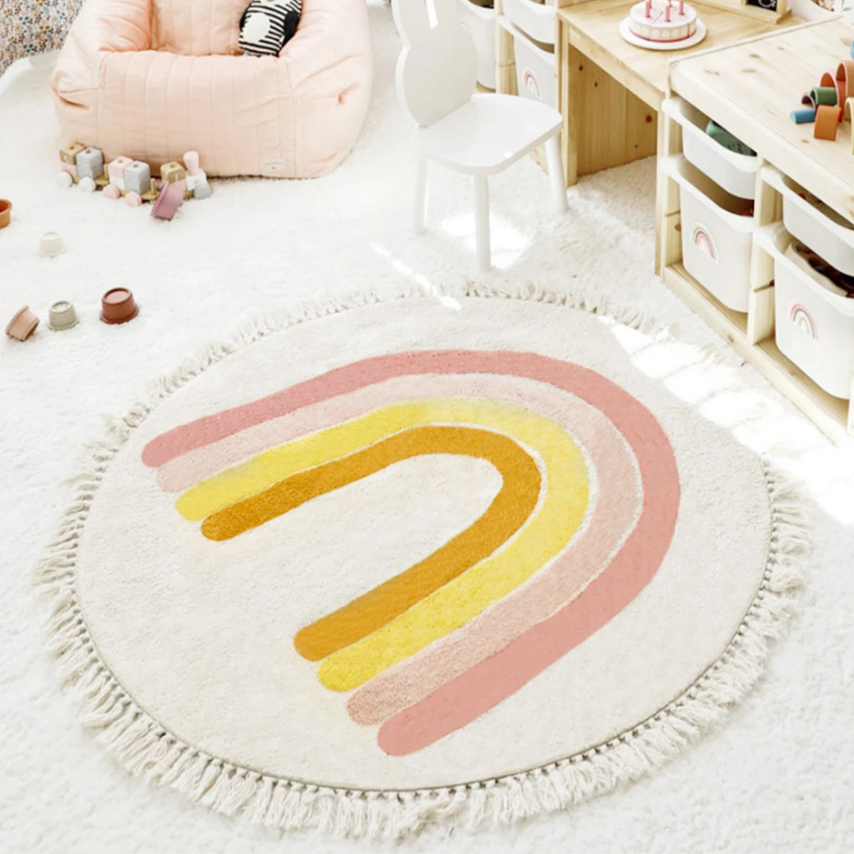 Round Rainbow Kids Rug with Tassels