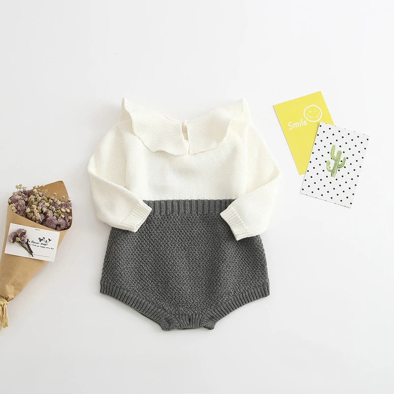 Knitted Long-Sleeve Baby Romper – Patchwork Jumpsuit for Girls (Spring & Autumn)