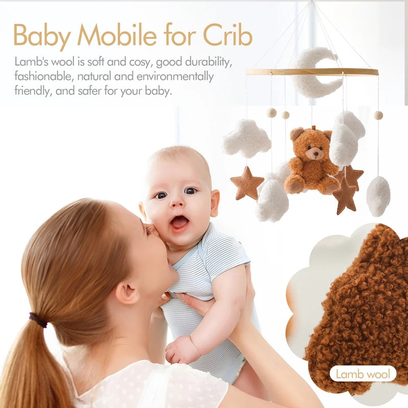 Wooden Crib Mobile with Soft Bear & Cloud Design