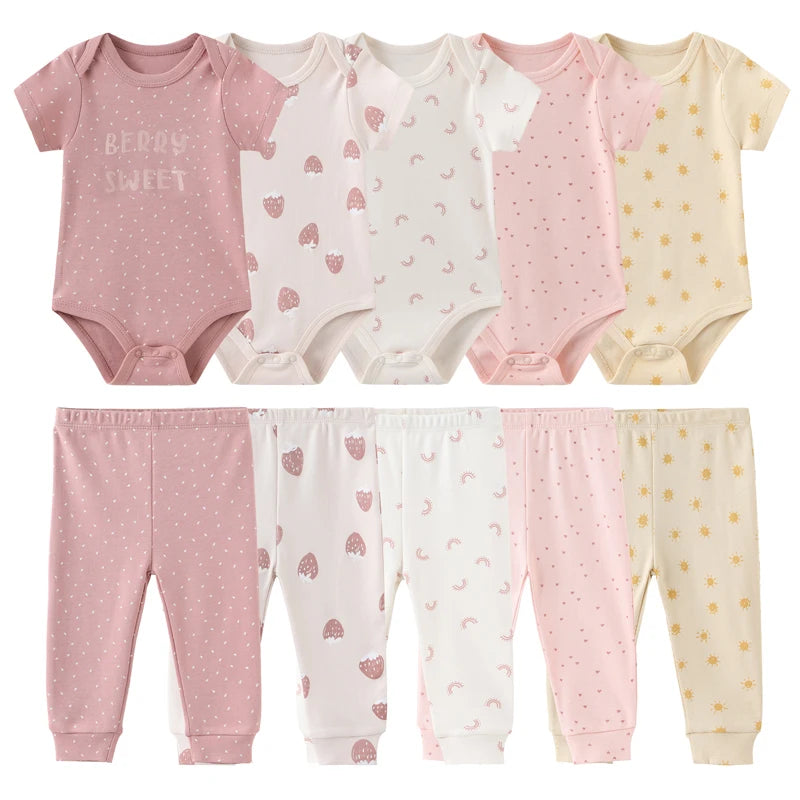 6/9/10-Piece Baby Clothes Set – Cotton Bodysuits & Pants for Boys and Girls