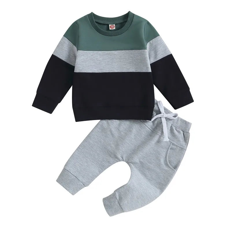 2-Piece Baby Boy Outfit – Contrast Color Sweatshirt & Elastic Pants